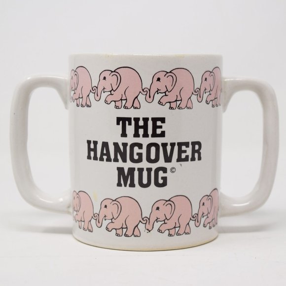 Vintage Hangover Mug Double Handle Pink Elephants Korea 1983 Chadwick Miller Gag - Picture 1 of 14